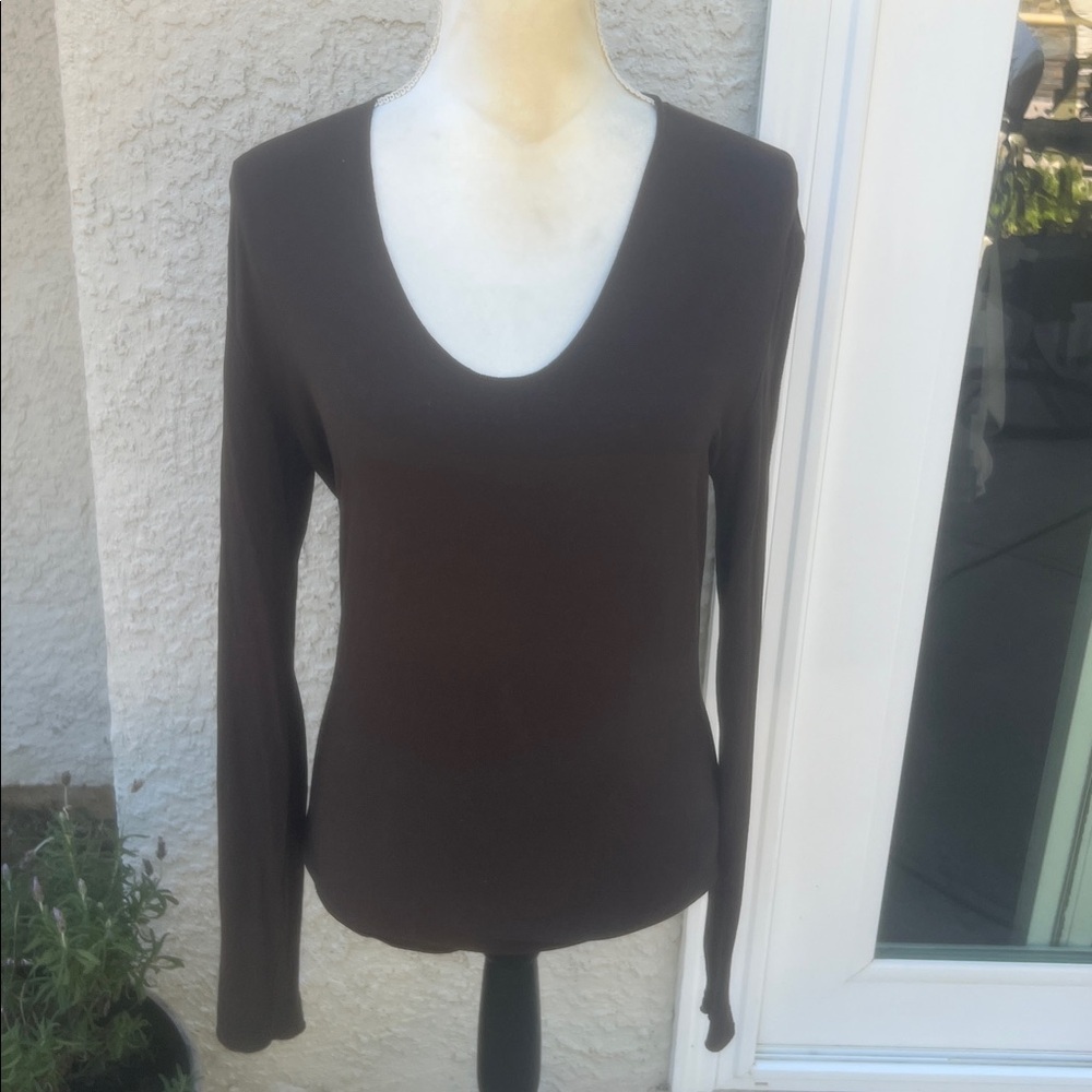 REPEAT The Shirt Brown Base Layer Form Fit Scoop Neck Long Sleeve Top Women's S